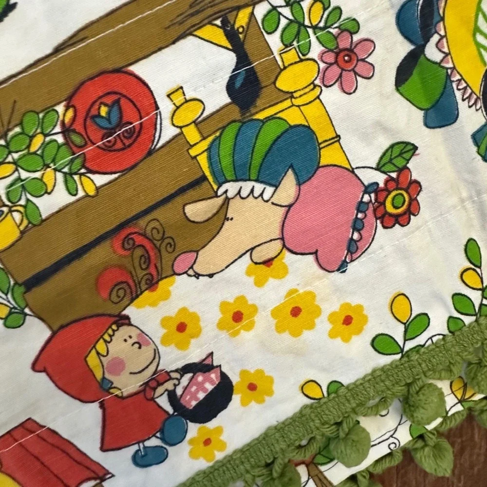 Vintage Storybook Fairy Tale Curtains Green Pom Pom Fringe 70s set of 4 panels